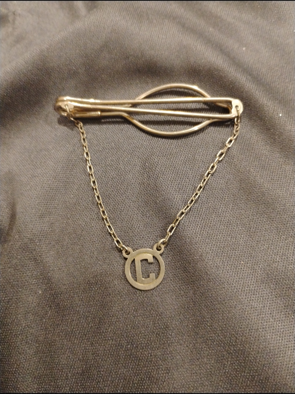 Silver Tone Tie Bar with Chain and Circular 'C' Charm